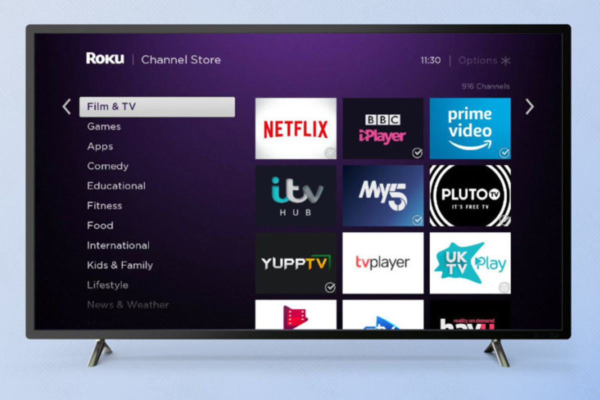 Roku homescreen shown on a flatscreen television 