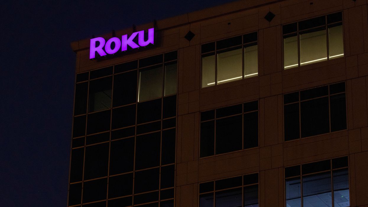 roku logo pictured in trademark purple at the top of its corporate headquarters