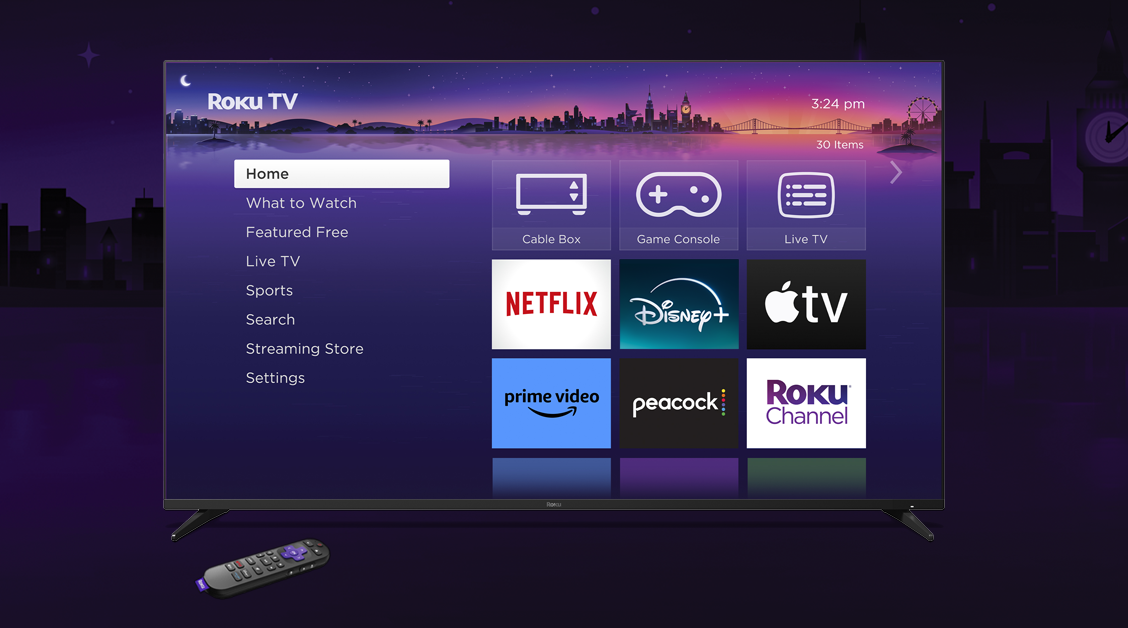 Roku Pro Series TV and the new Roku Voice Remote Pro pictured on colourful background
