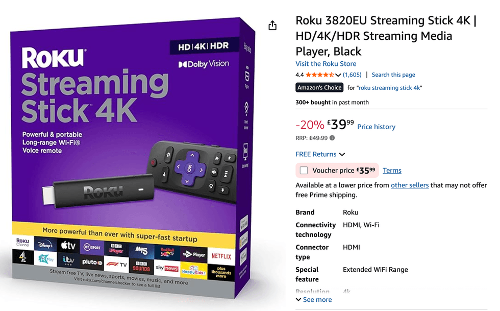 Roku Streaming Stick 4K on sale with optional voucher