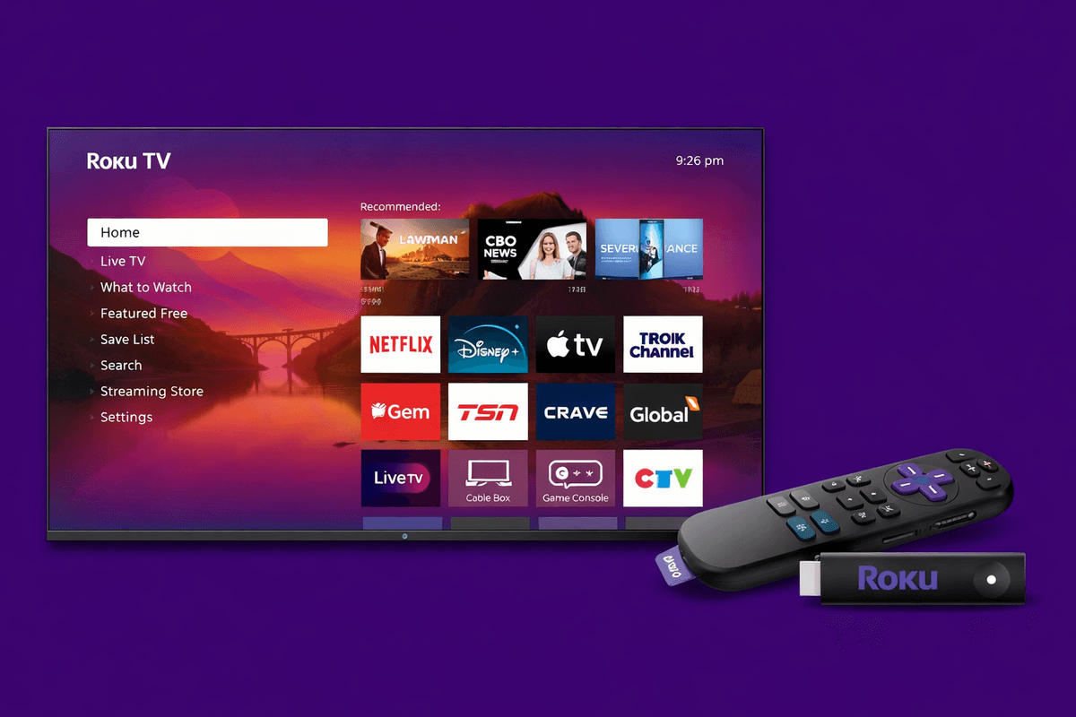 Roku streaming stick in front of TV