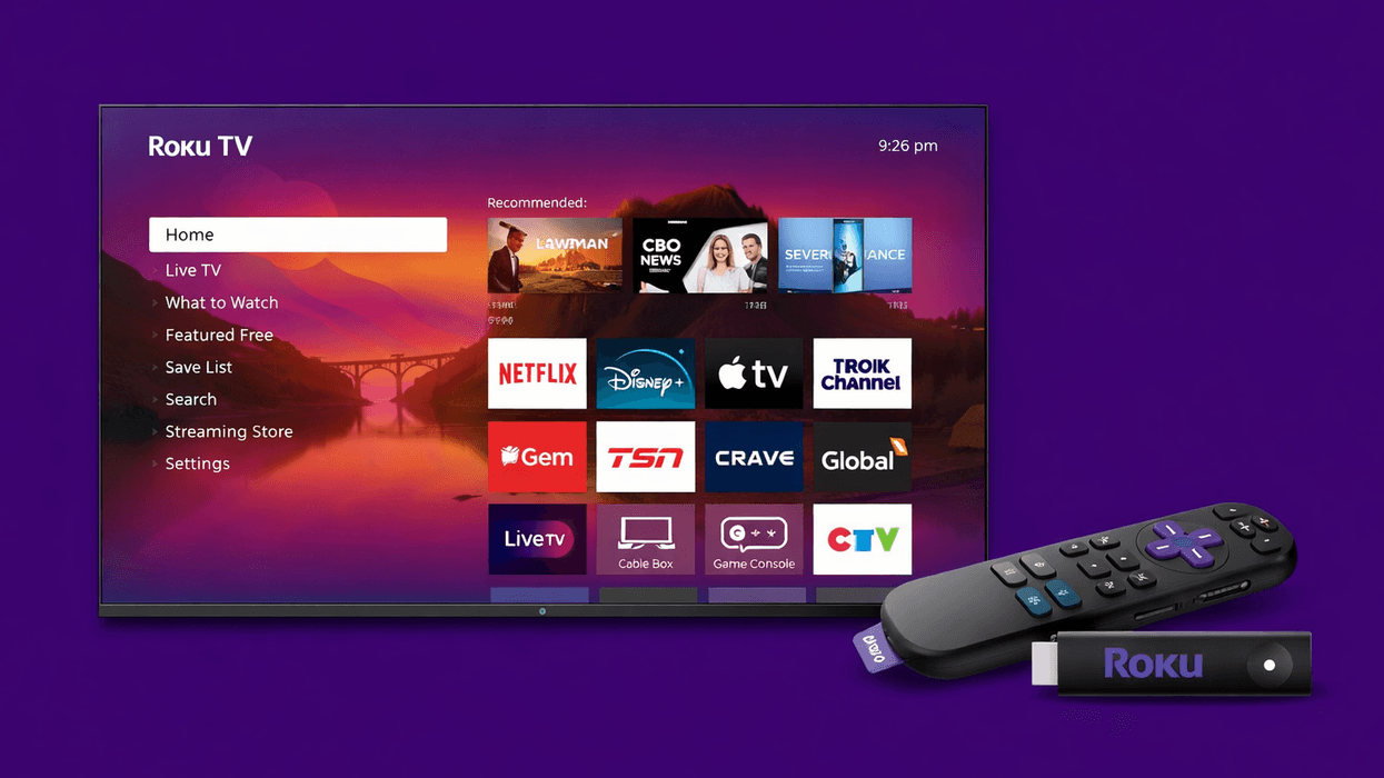 Roku streaming stick in front of TV