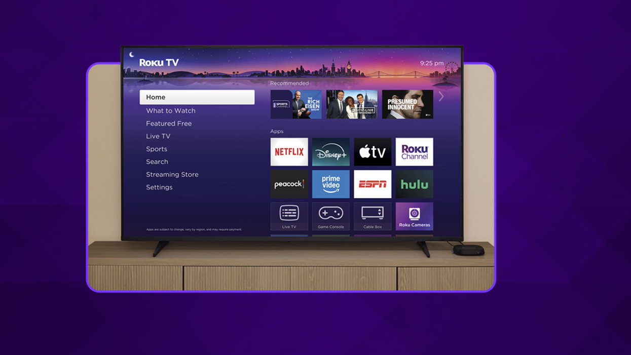 rokuOS 14 running on a smart tv with the new Roku Ultra beside it