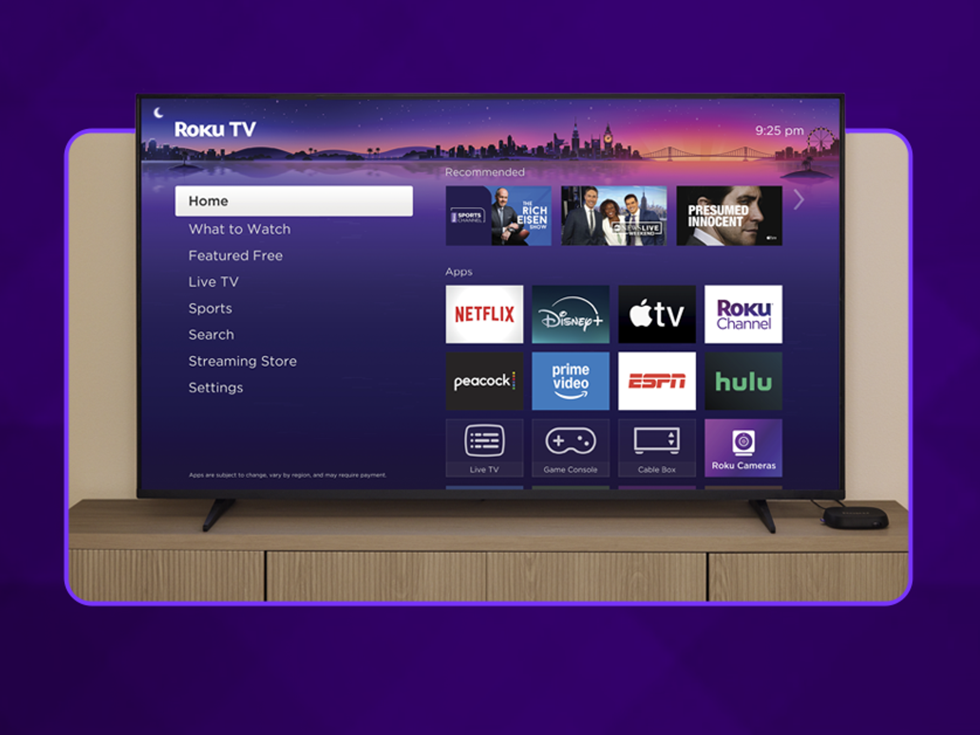 rokuOS 14 running on a smart tv with the new Roku Ultra beside it
