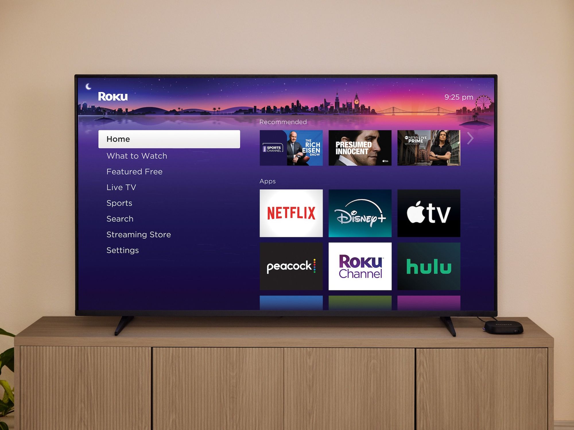 rokuOS 14 software shown on-screen with the new roku ultra box on the side