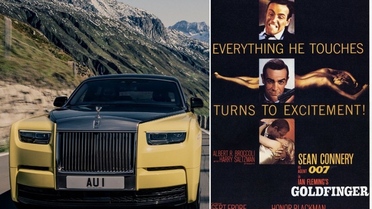 Rolls-Royce Phantom and the film poster for James Bond Goldfinger
