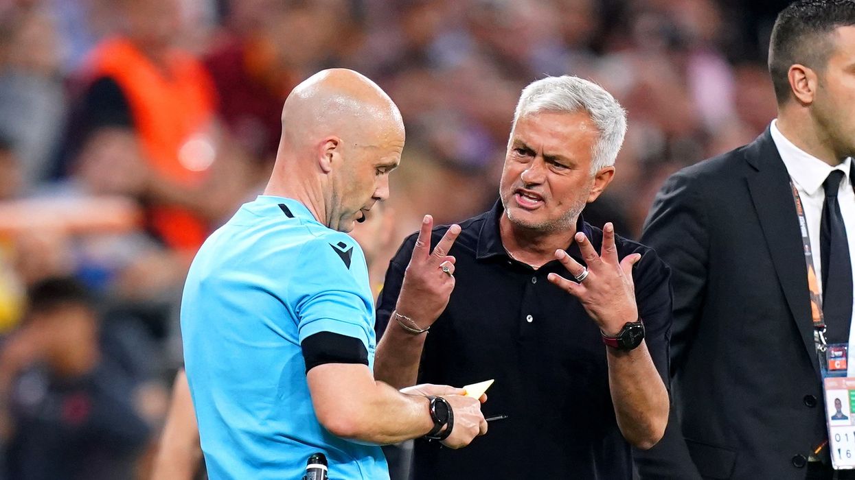 Roma manager Jose Mourinho exchanges words with referee Anthony Taylor during the UEFA Europa League Final at the Puskas Arena, Budapest