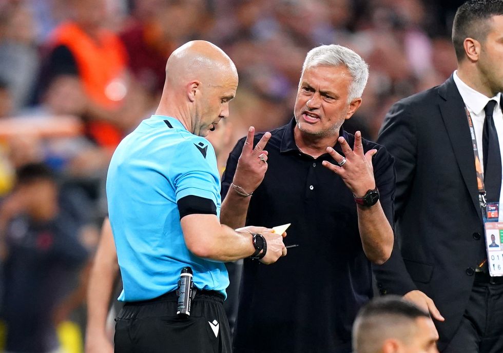 Roma manager Jose Mourinho exchanges words with referee Anthony Taylor during the UEFA Europa League Final at the Puskas Arena, Budapest