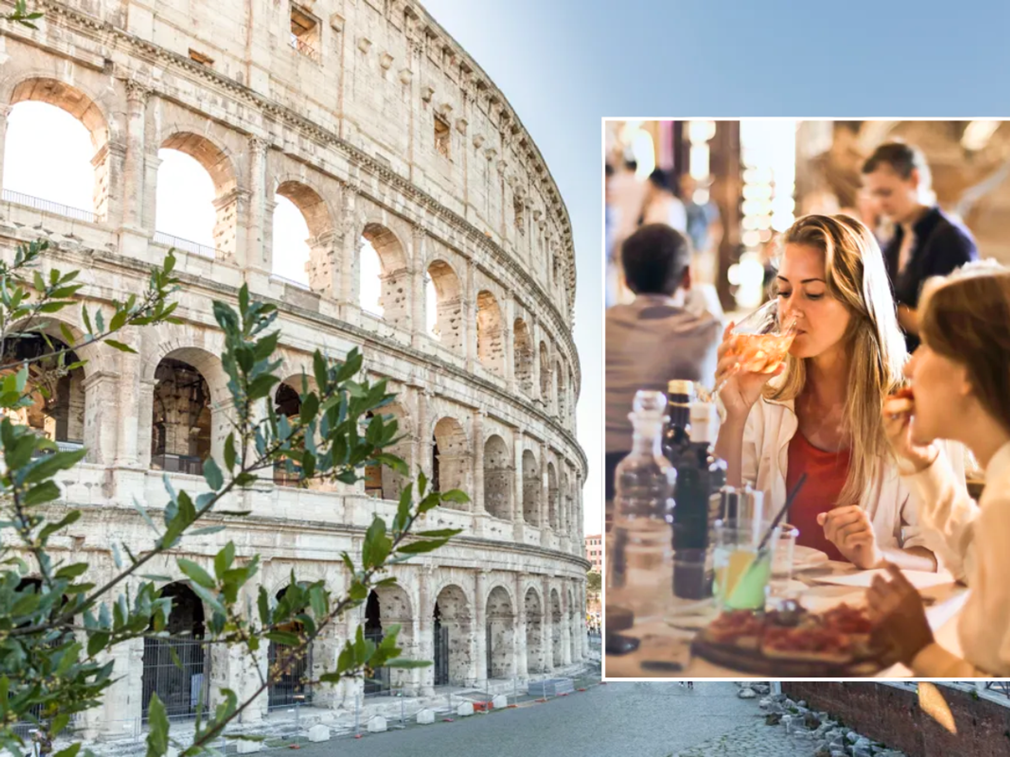 Rome Colluseum / People eating and drinking wine in restaurant