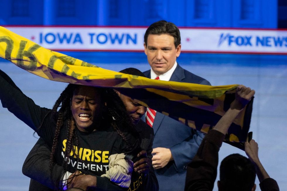 Ron DeSantis interrupted by protesters
