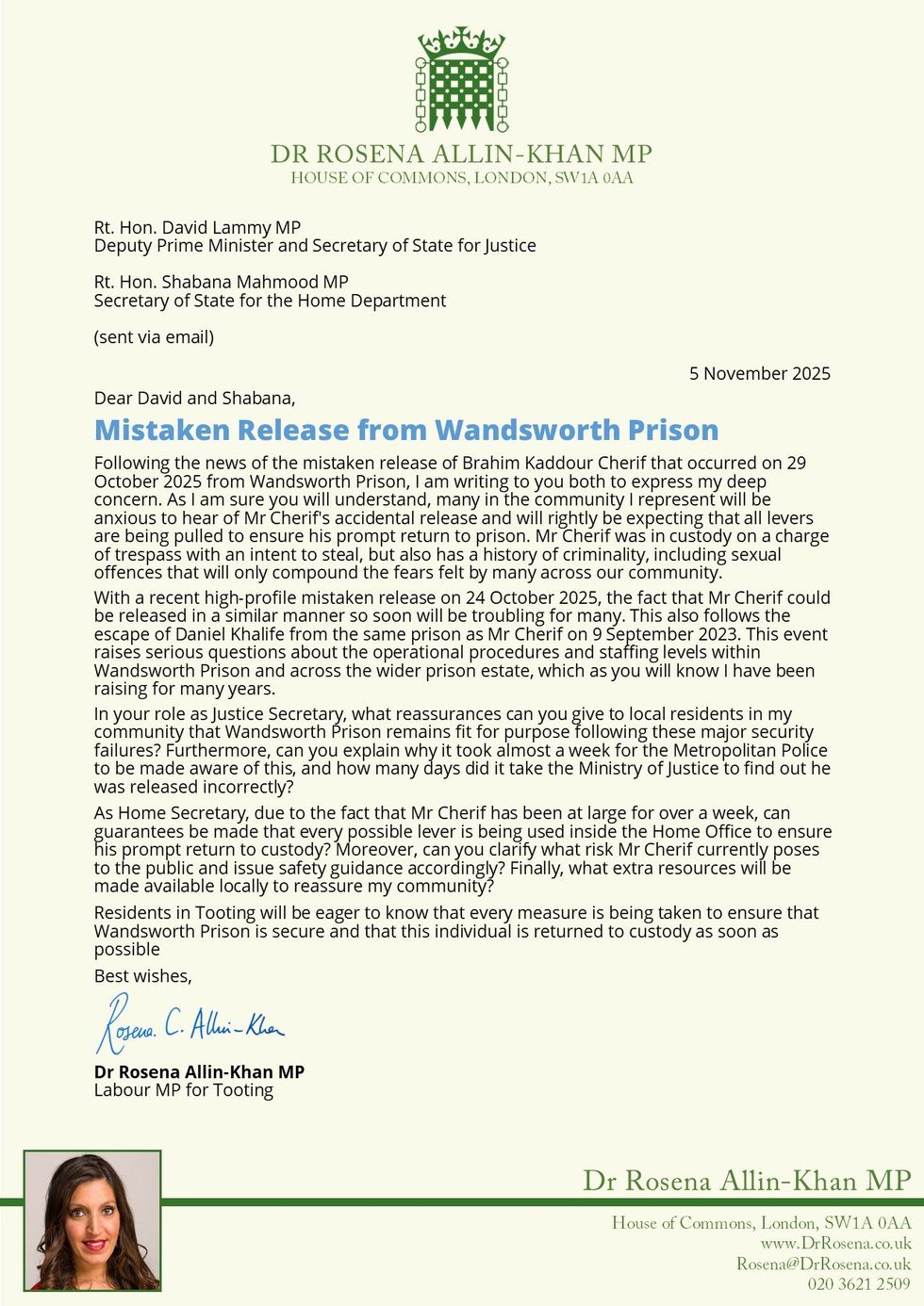 Rosena Allin-Khan's letter to David Lammy and Shabana Mahmood