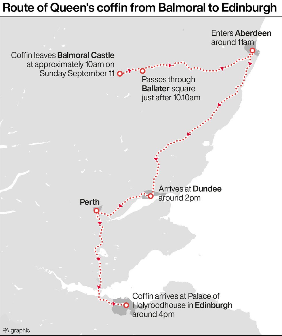 Route of Queen's coffin from Balmoral to Edinburgh. See story DEATH Queen. Infographic PA Graphics. An editable version of this graphic is available if required. Please contact graphics@pamediagroup.com.