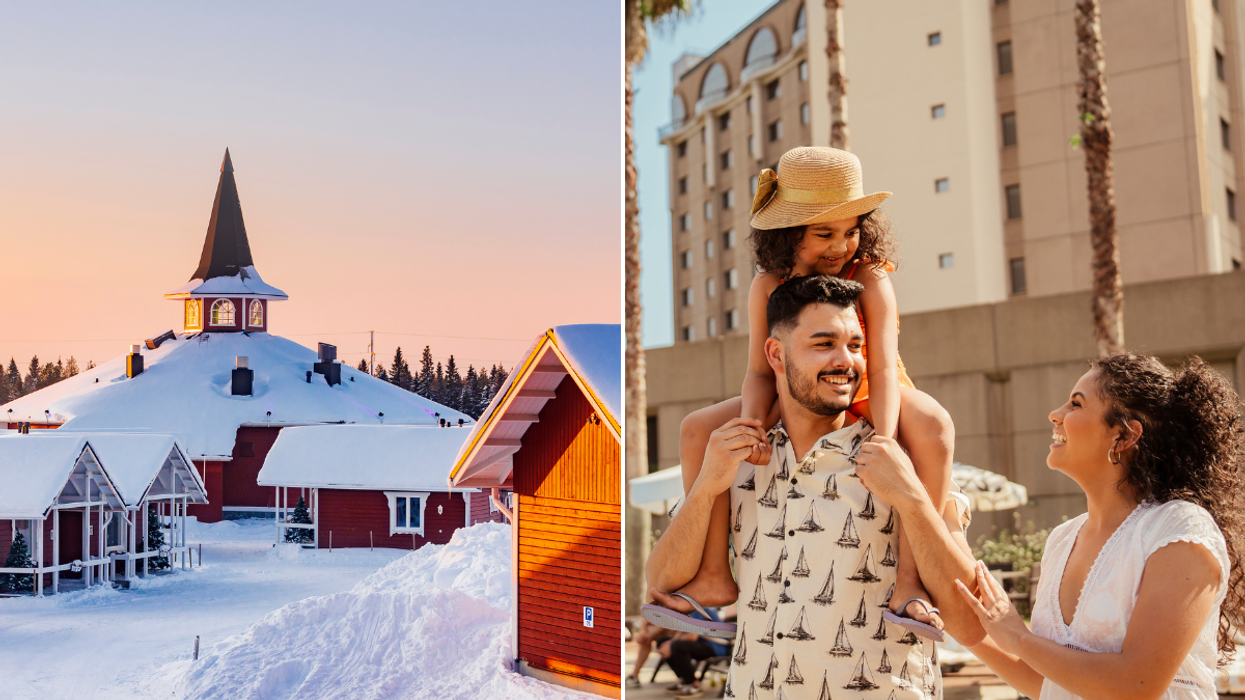 Rovaniemi, Finland snow and buildings / family on sunny holiday at hotel