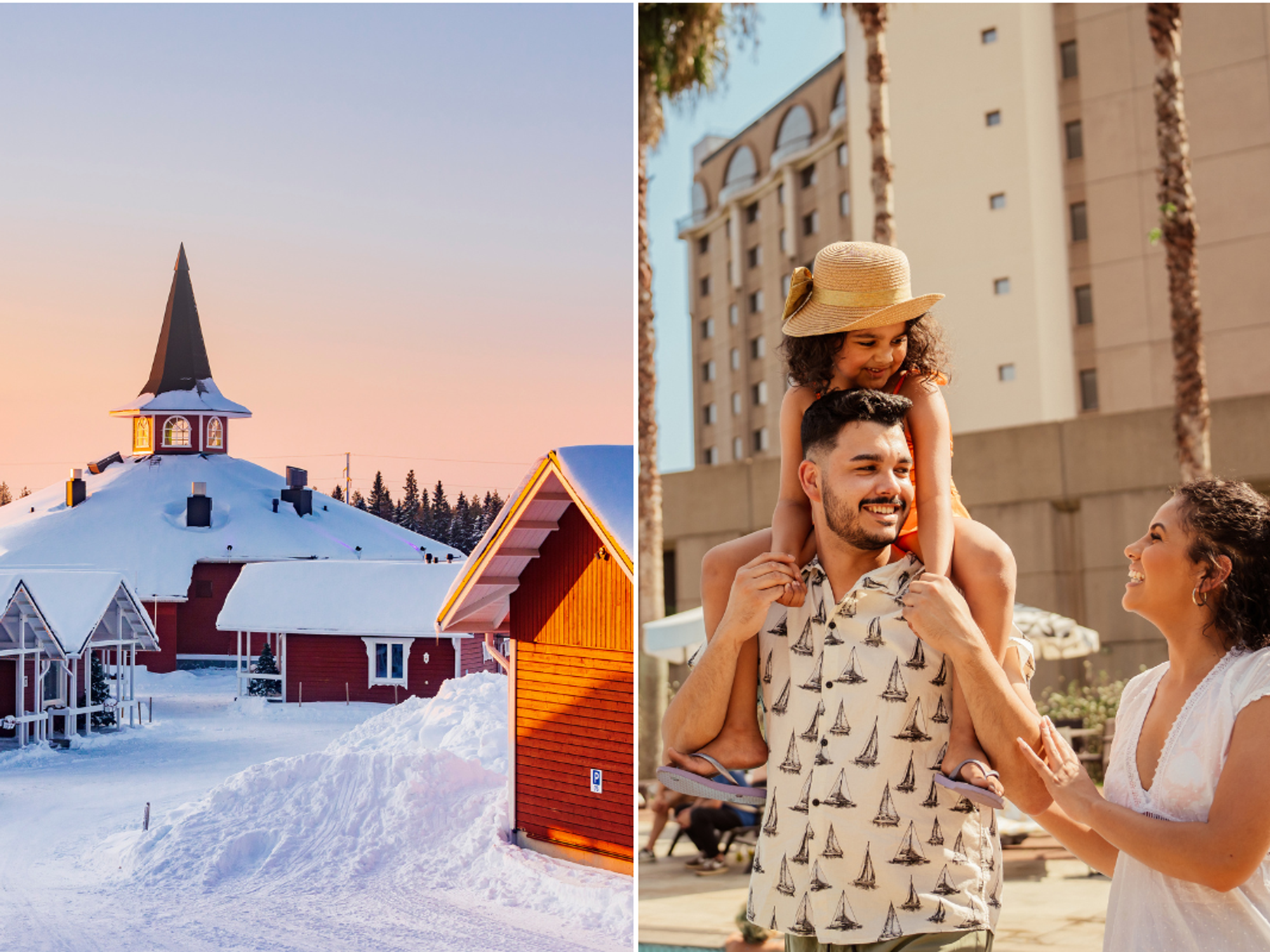 Rovaniemi, Finland snow and buildings / family on sunny holiday at hotel