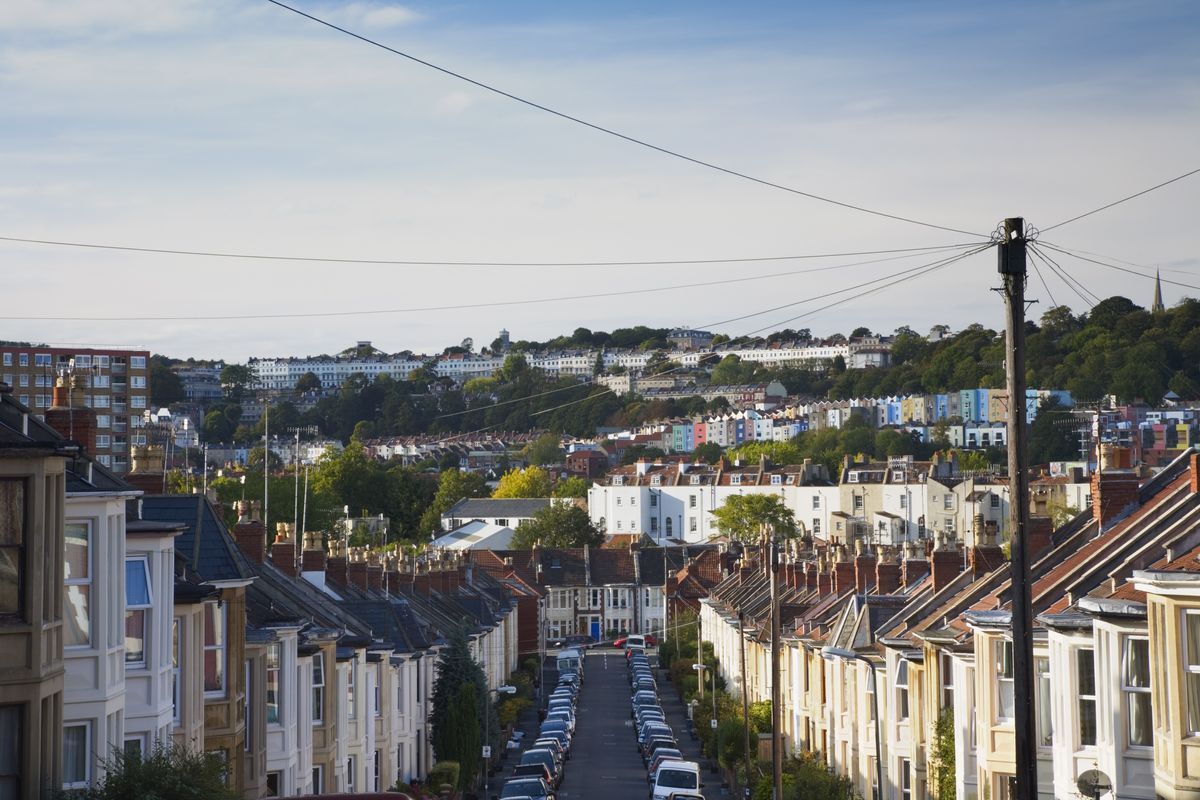 Row of houses along street in Southville, Bristol, England, UK 