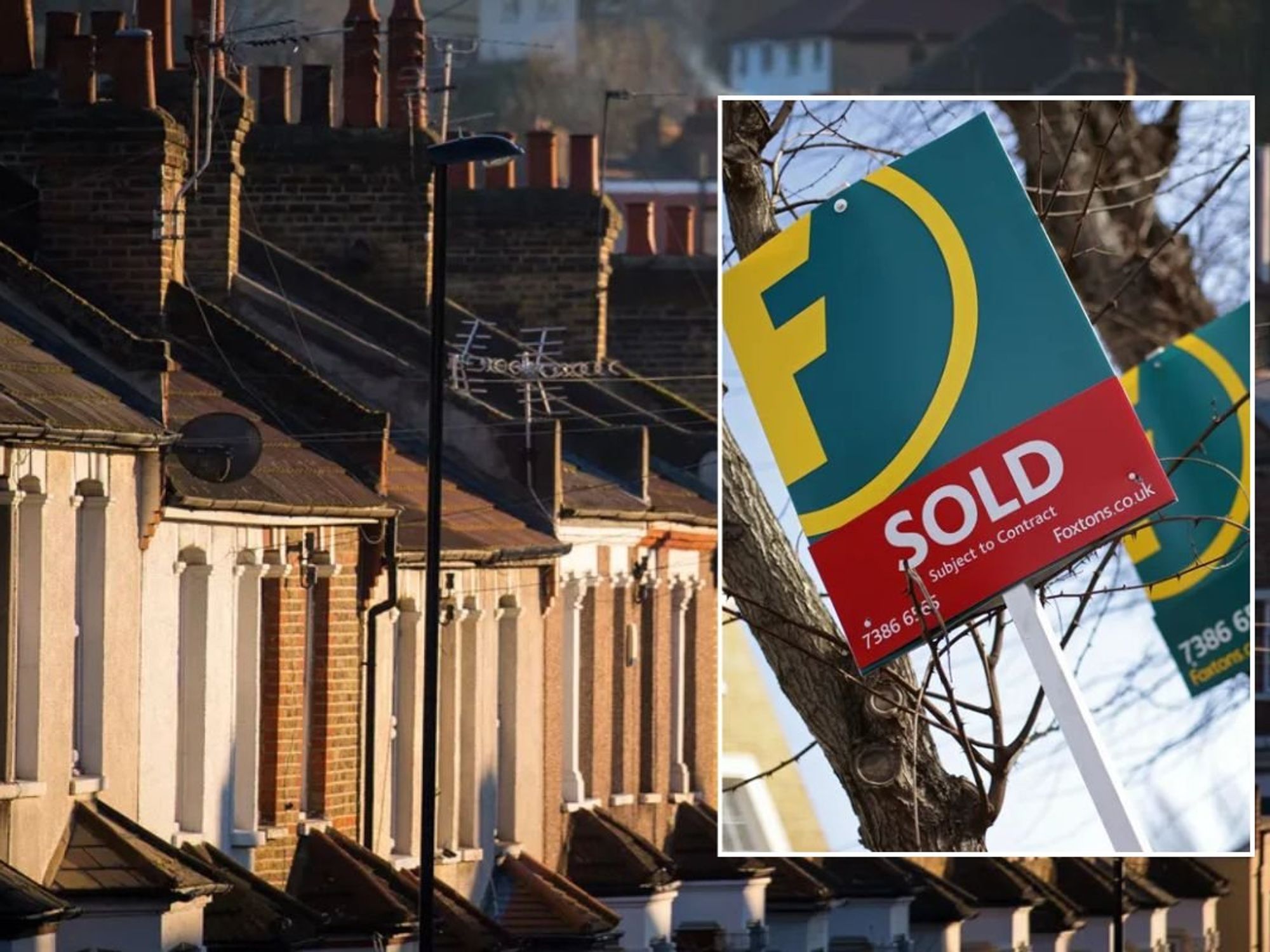 ROW OF HOUSES AND SALE SIGN