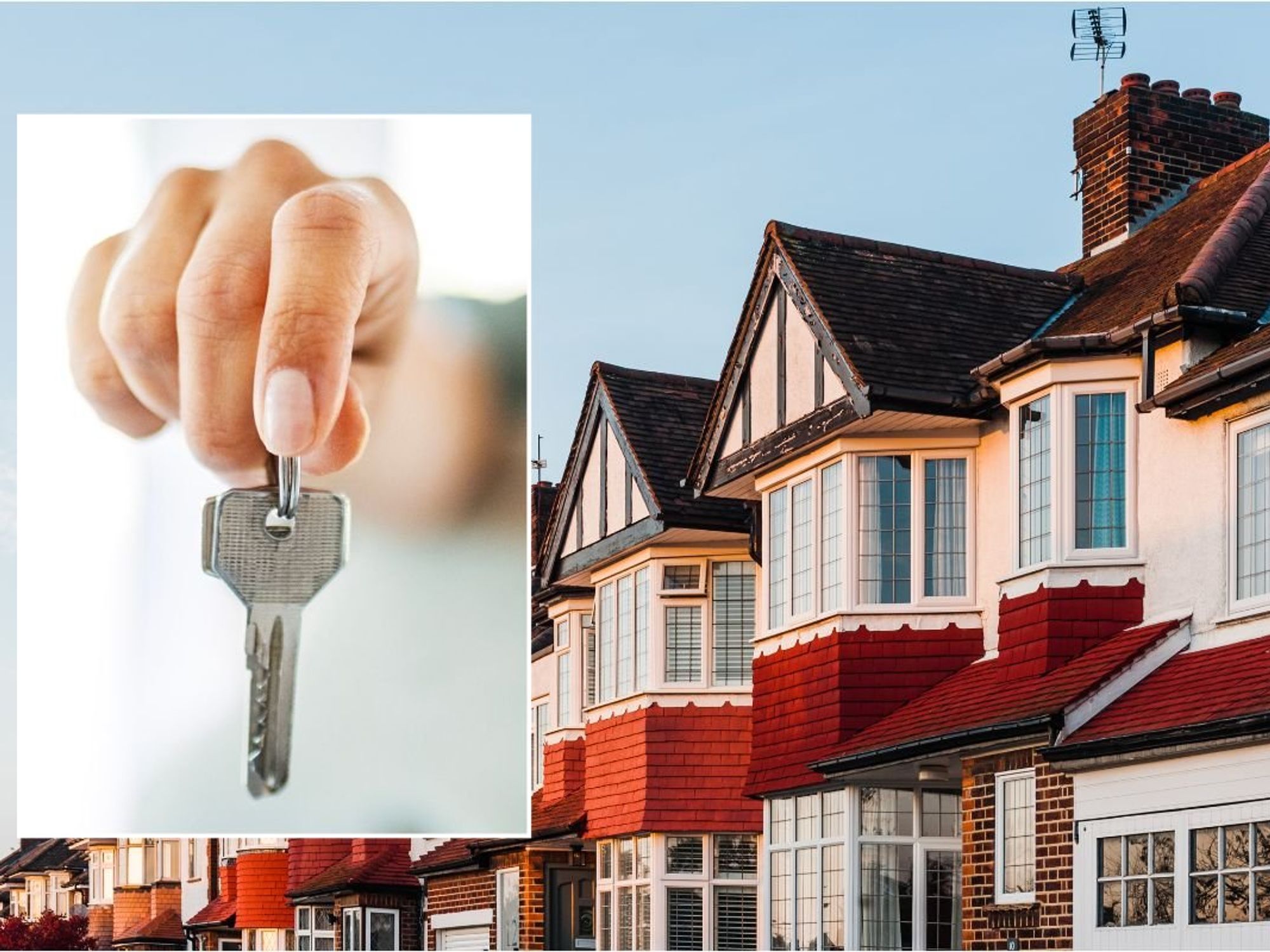 ROW OF HOUSES AND WOMAN HOLDING KEYS