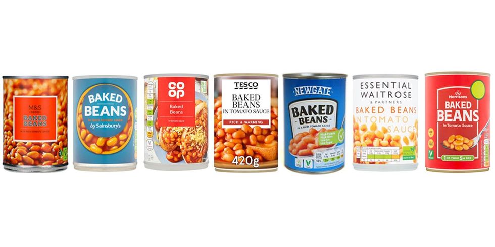 Rows of different brands of beans