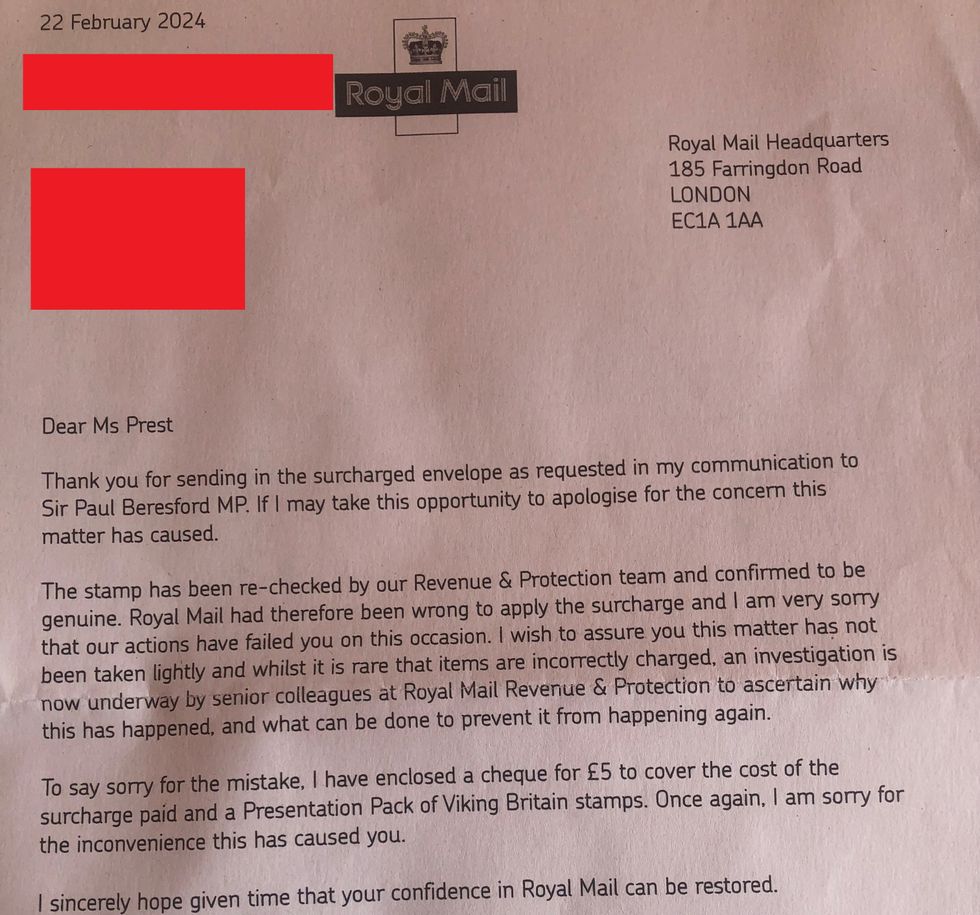 Royal Mail admits to wrongly applying the \u00a35 "counterfeit" surcharge in letter to Catherine Prest