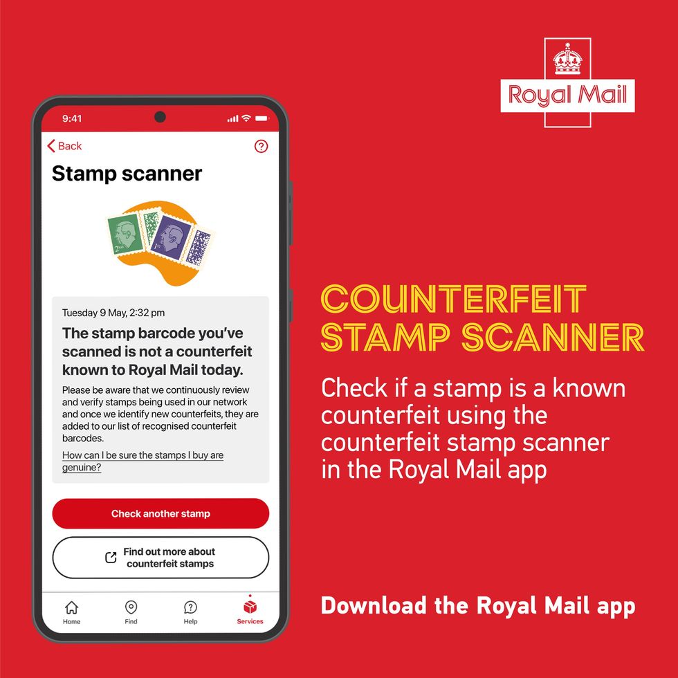 Royal Mail counterfeit stamp scanner in the Royal Mail app