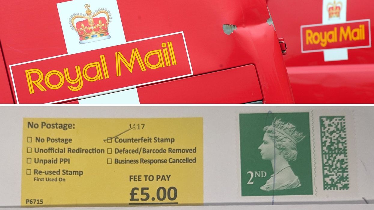 Royal Mail logo and counterfeit stamp surcharge sticker beside barcoded stamp