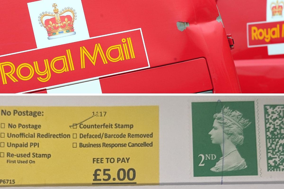 Royal Mail logo and counterfeit stamp surcharge sticker beside barcoded stamp