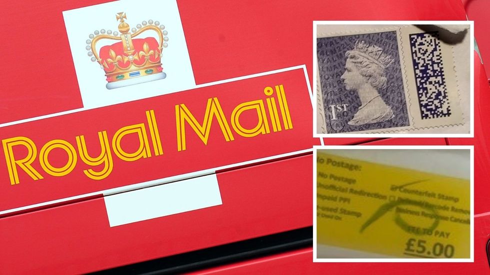 Royal Mail logo and first class stamp which was deemed 'counterfeit' beside yellow sticker showing \u00a35 surcharge