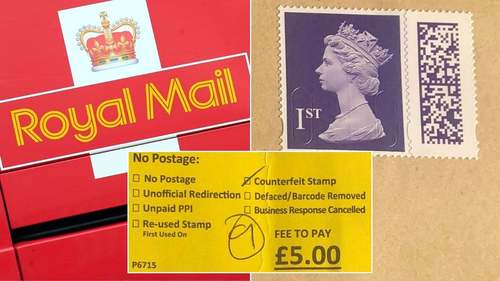 Royal Mail logo and genuine stamp as well as incorrect \u00a35 'counterfeit stamp' surcharge label