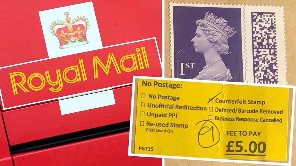 Royal Mail logo plus first class stamp and yellow sticker showing \u00a35 fee to pay