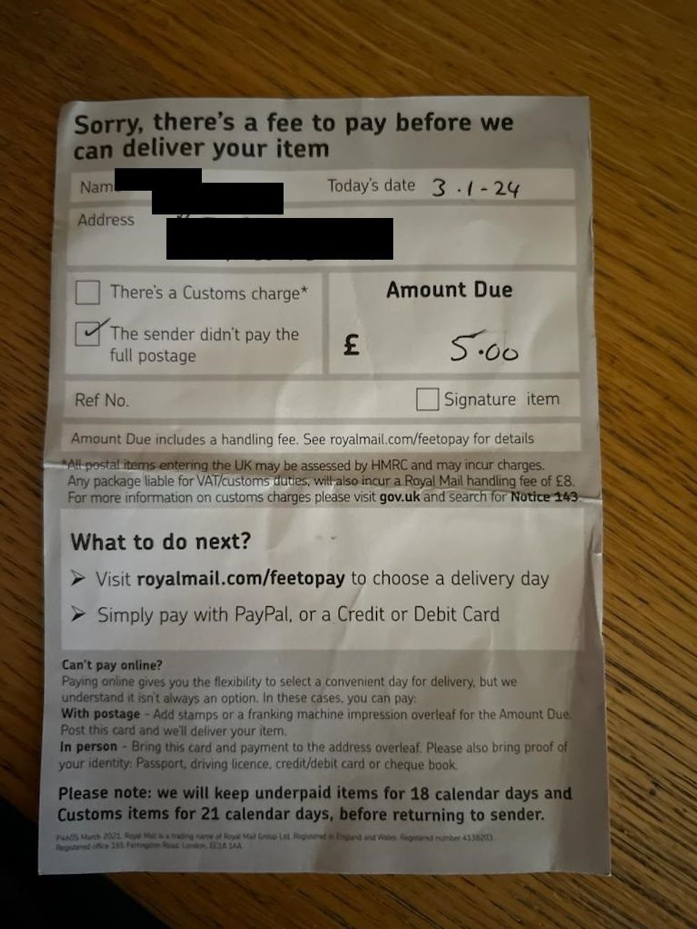 Royal Mail note states recipient must pay \u00a35 to get the letter