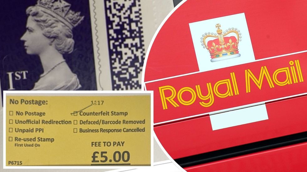 Royal Mail stamp deemed 'counterfeit' \u00a35 to pay sign and Royal Mail logo