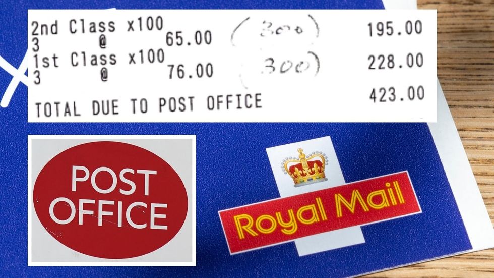 Royal Mail stamps booklet, Post Office sign and receipt for 600 stamps supplied by Mr Peters