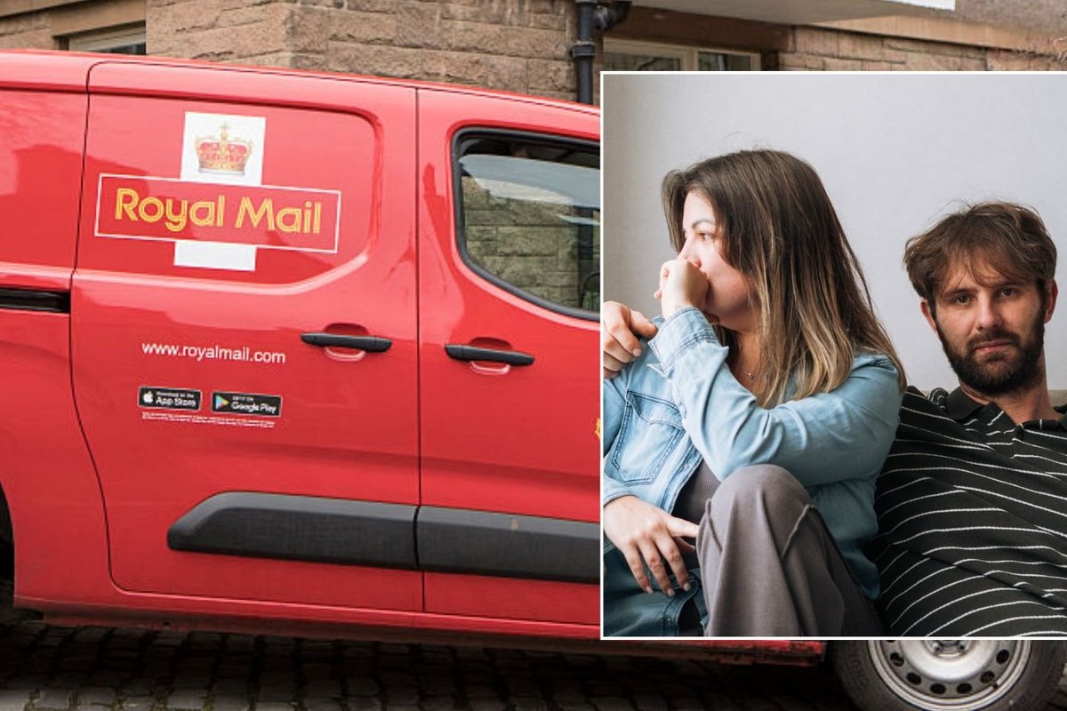 Royal Mail van and couple waiting on letter