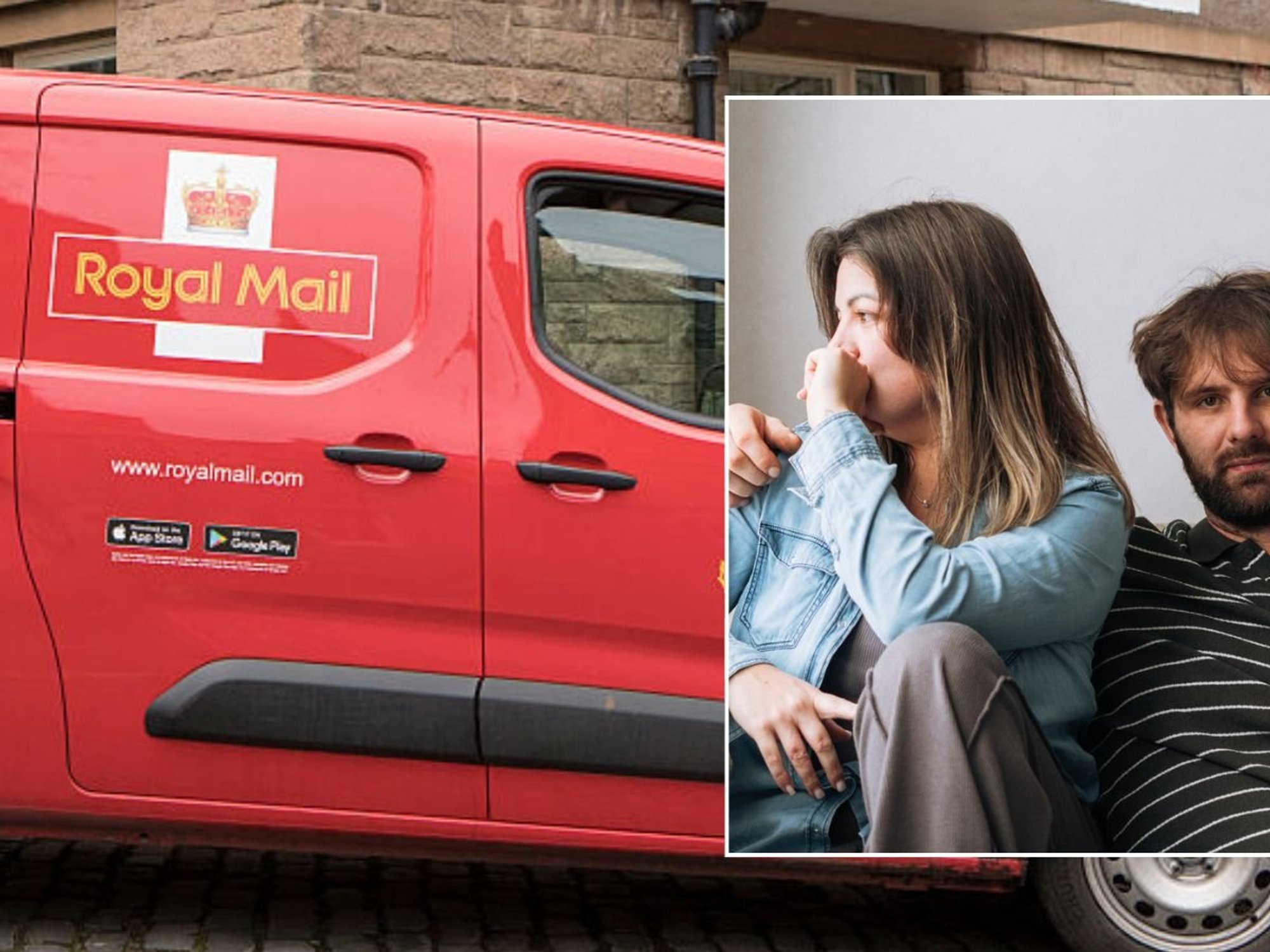 Royal Mail van and couple waiting on letter