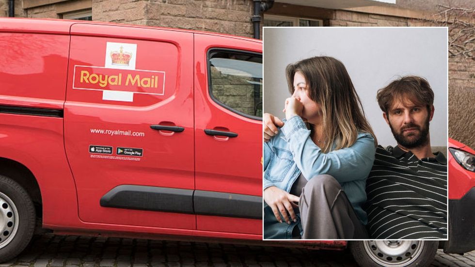 Royal Mail van and couple waiting on letter