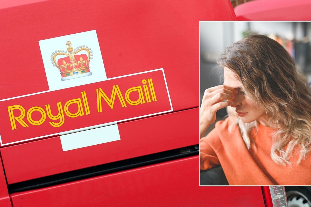 Royal Mail van and woman looking worried