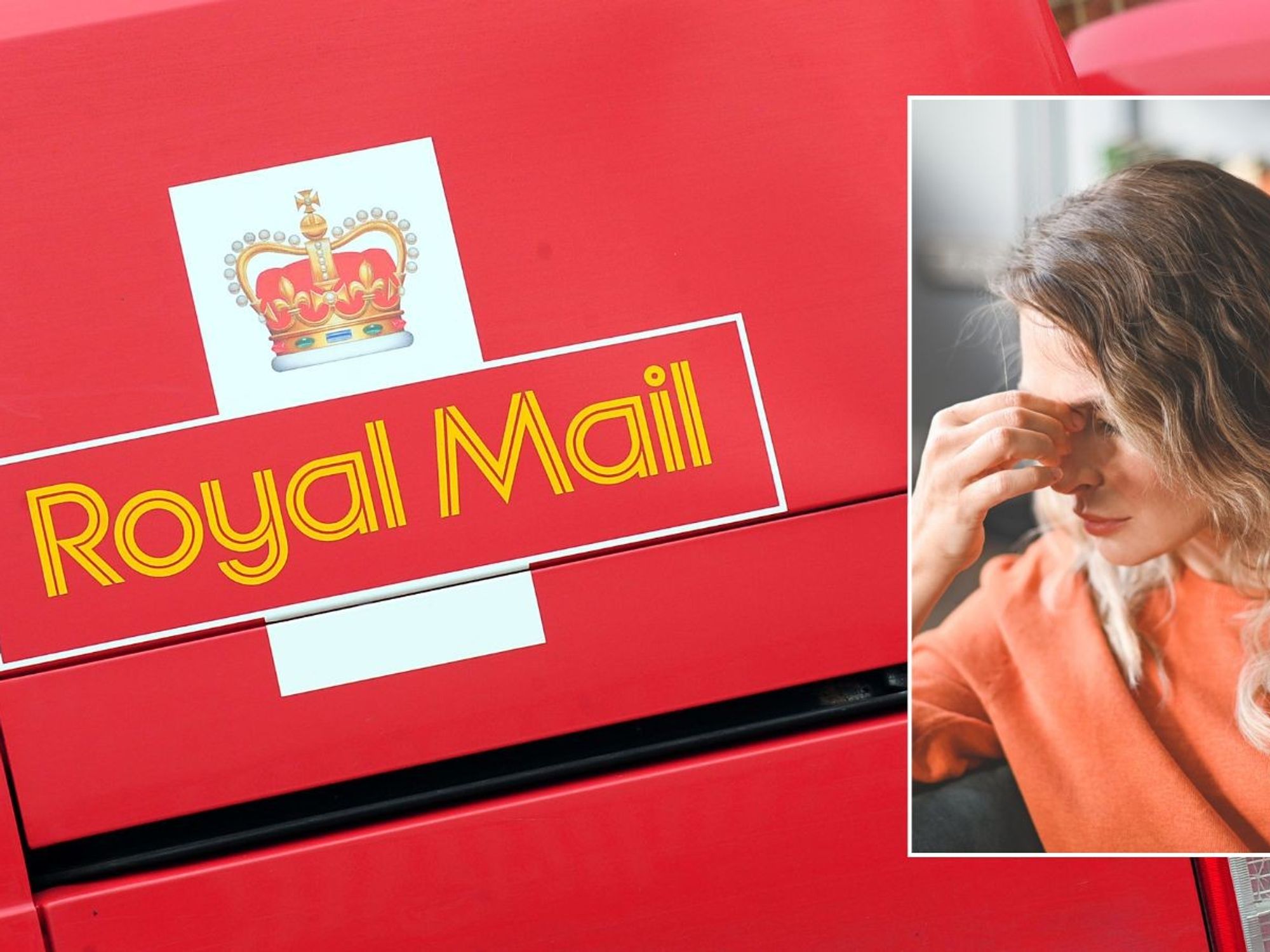Royal Mail van and woman looking worried