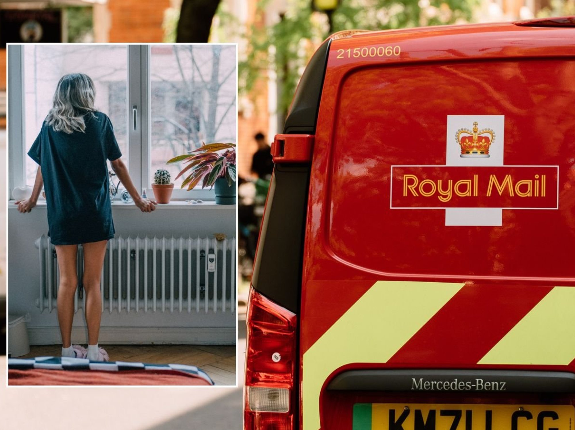 Royal Mail van and woman waiting by window