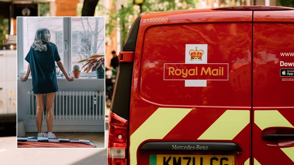 Royal Mail van and woman waiting by window