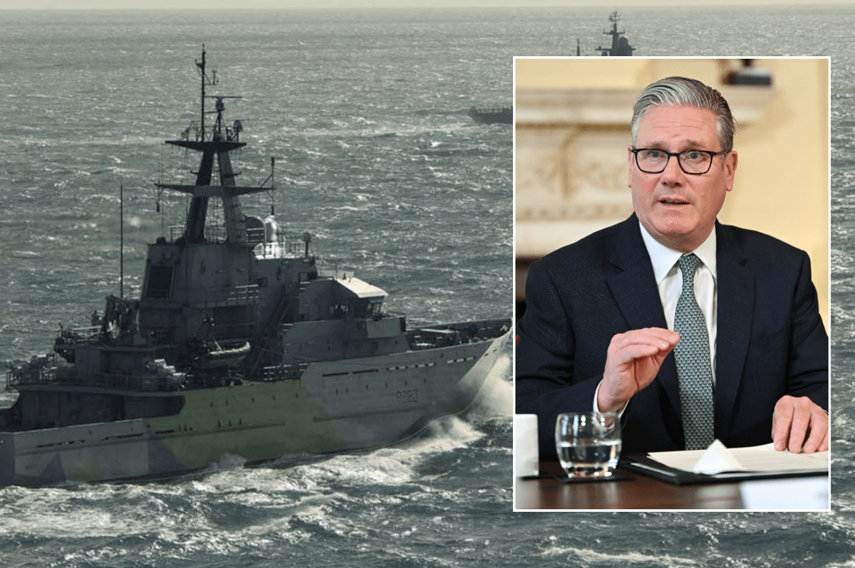 Royal Navy ship at sea; Keir Starmer
