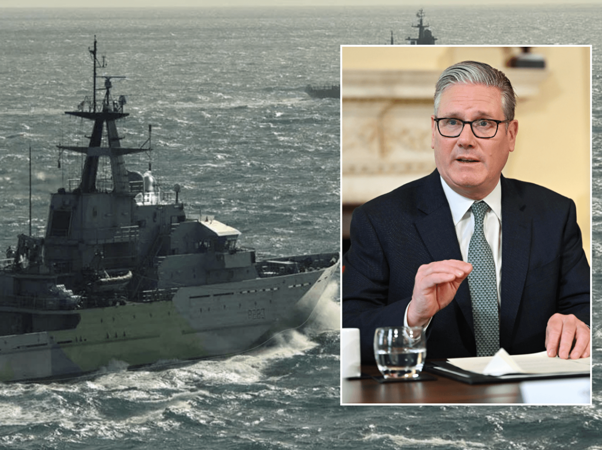 Royal Navy ship at sea; Keir Starmer