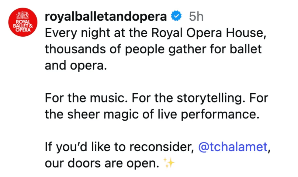 Royal Opera House' original response to Timothee Chalamet