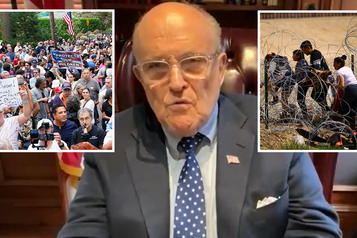 Rudy Giuliani with insets of New York protesters and border crossings