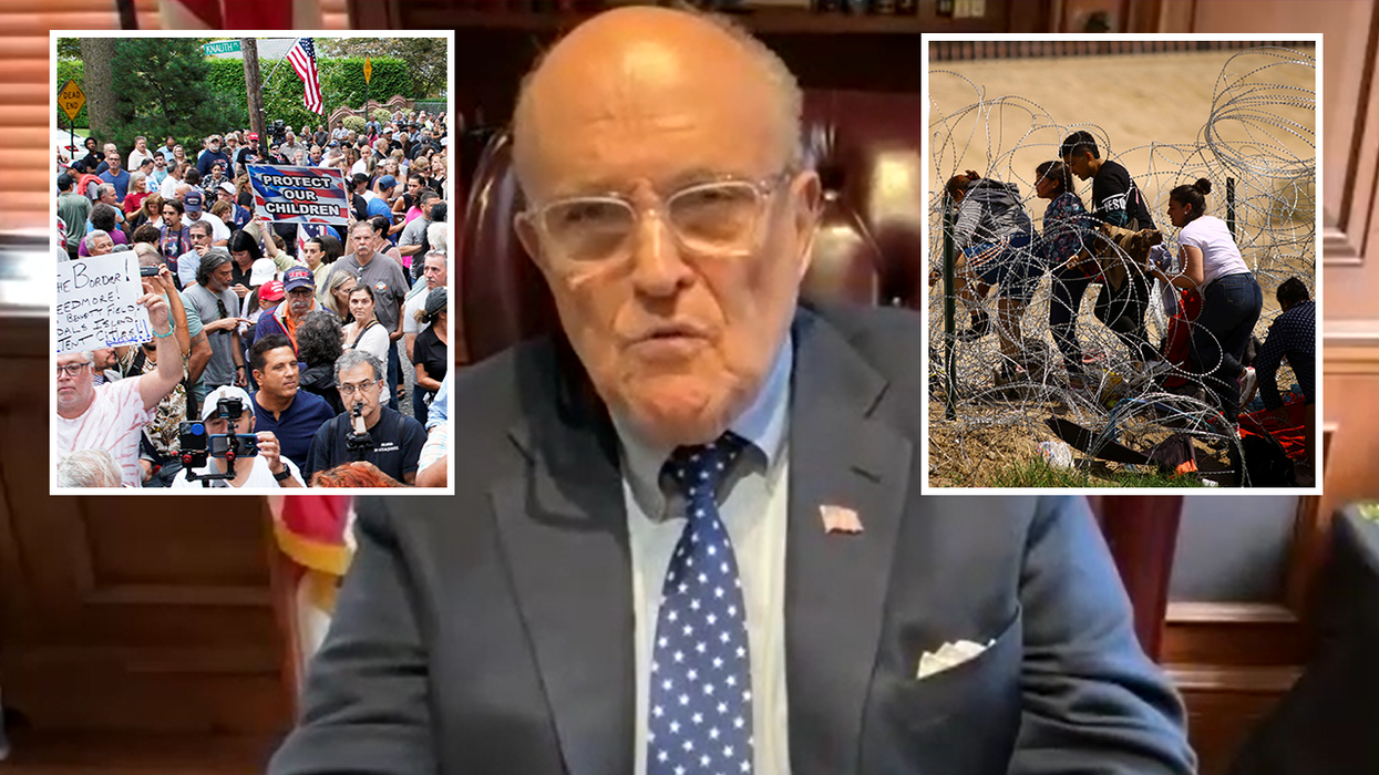 Rudy Giuliani with insets of New York protesters and border crossings