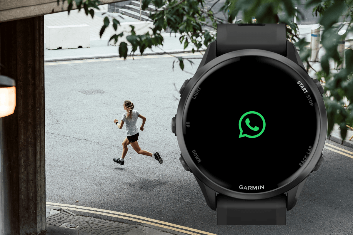 Runner next to Garmin watch displaying WhatsApp logo