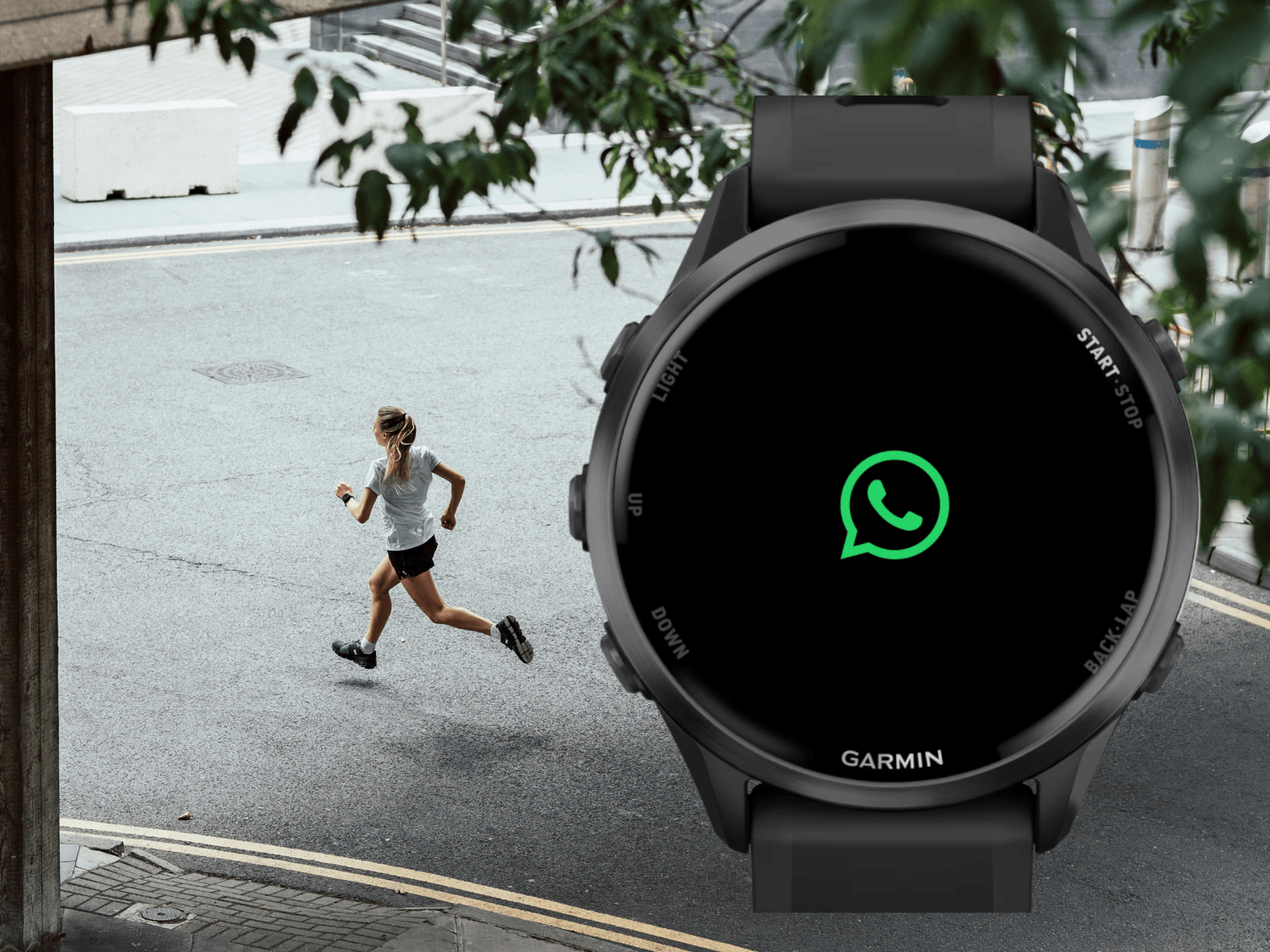 Runner next to Garmin watch displaying WhatsApp logo