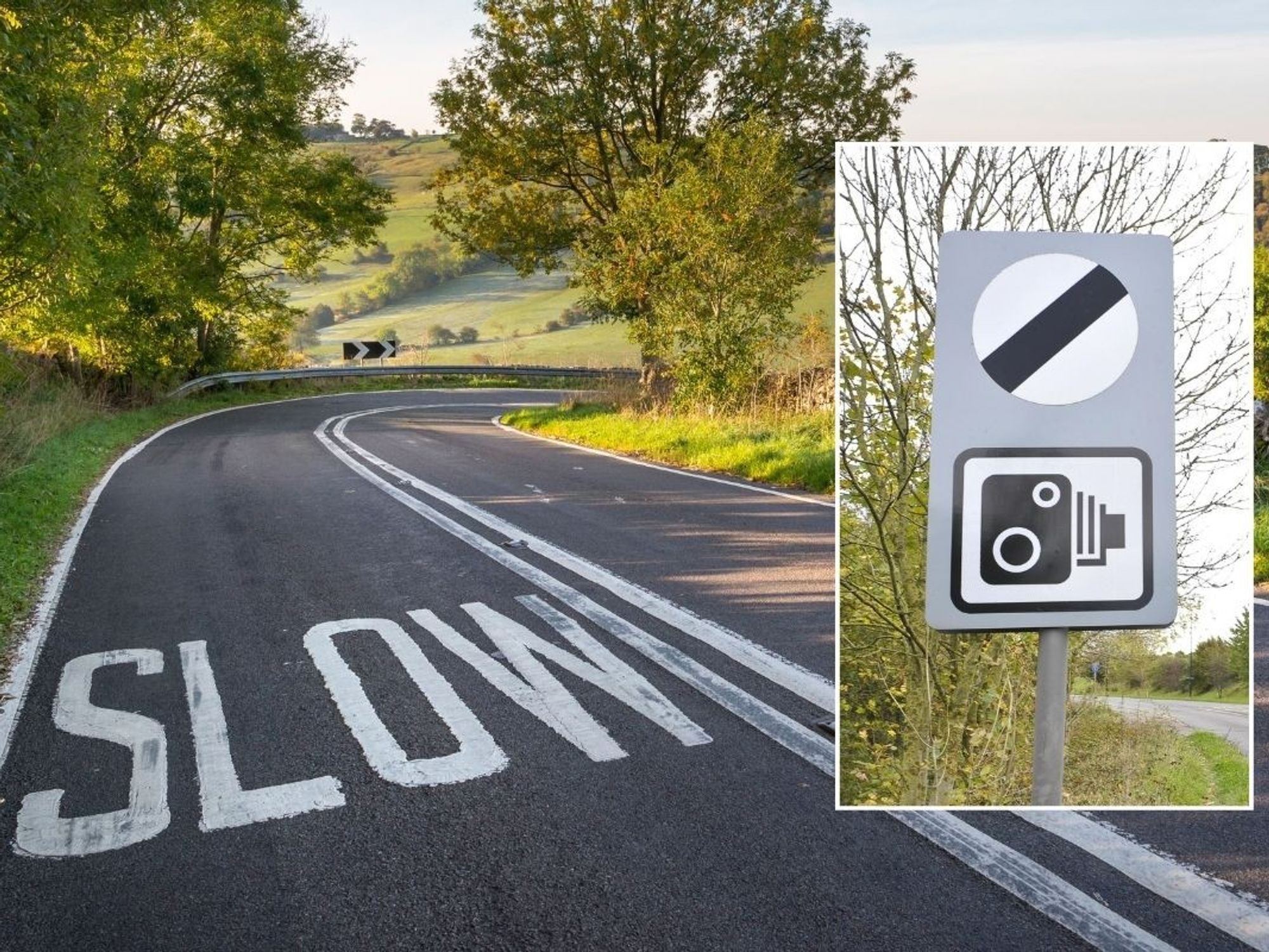 Rural road and a national speed limit sign