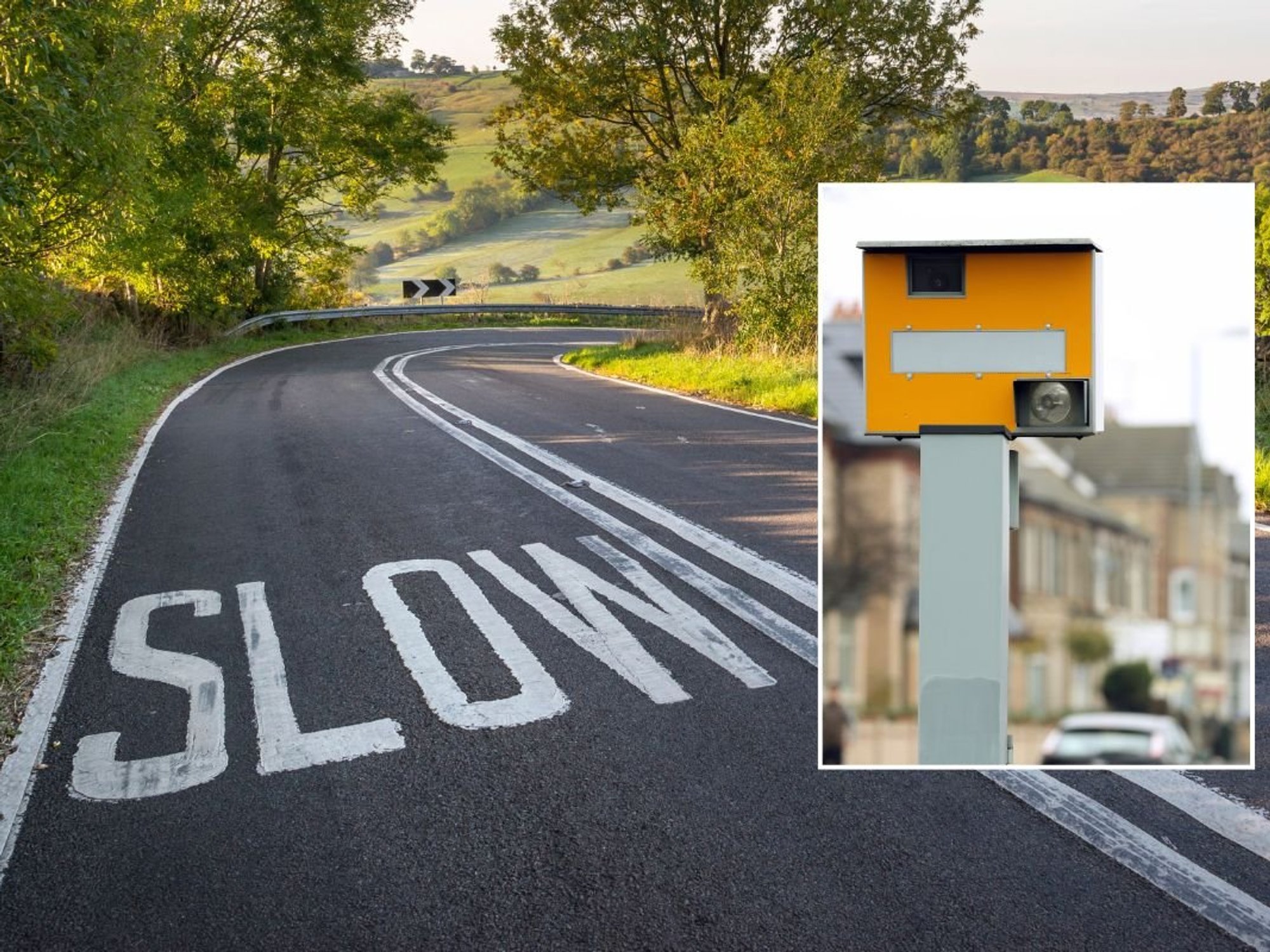 Rural road with 'slow' painted and a speed camera