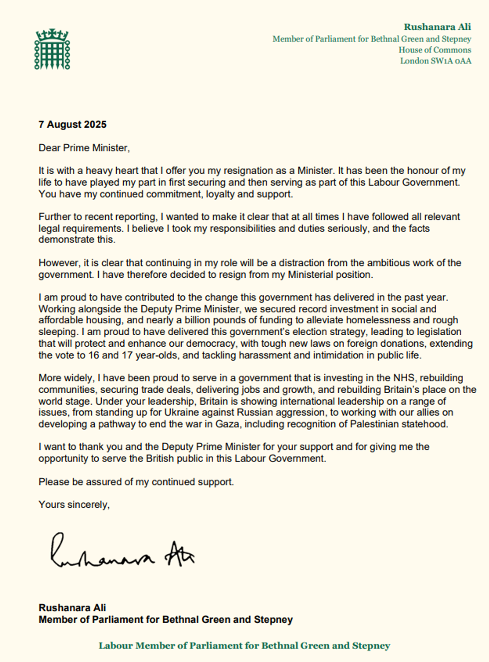 Rushanara Ali's resignation letter\u200b