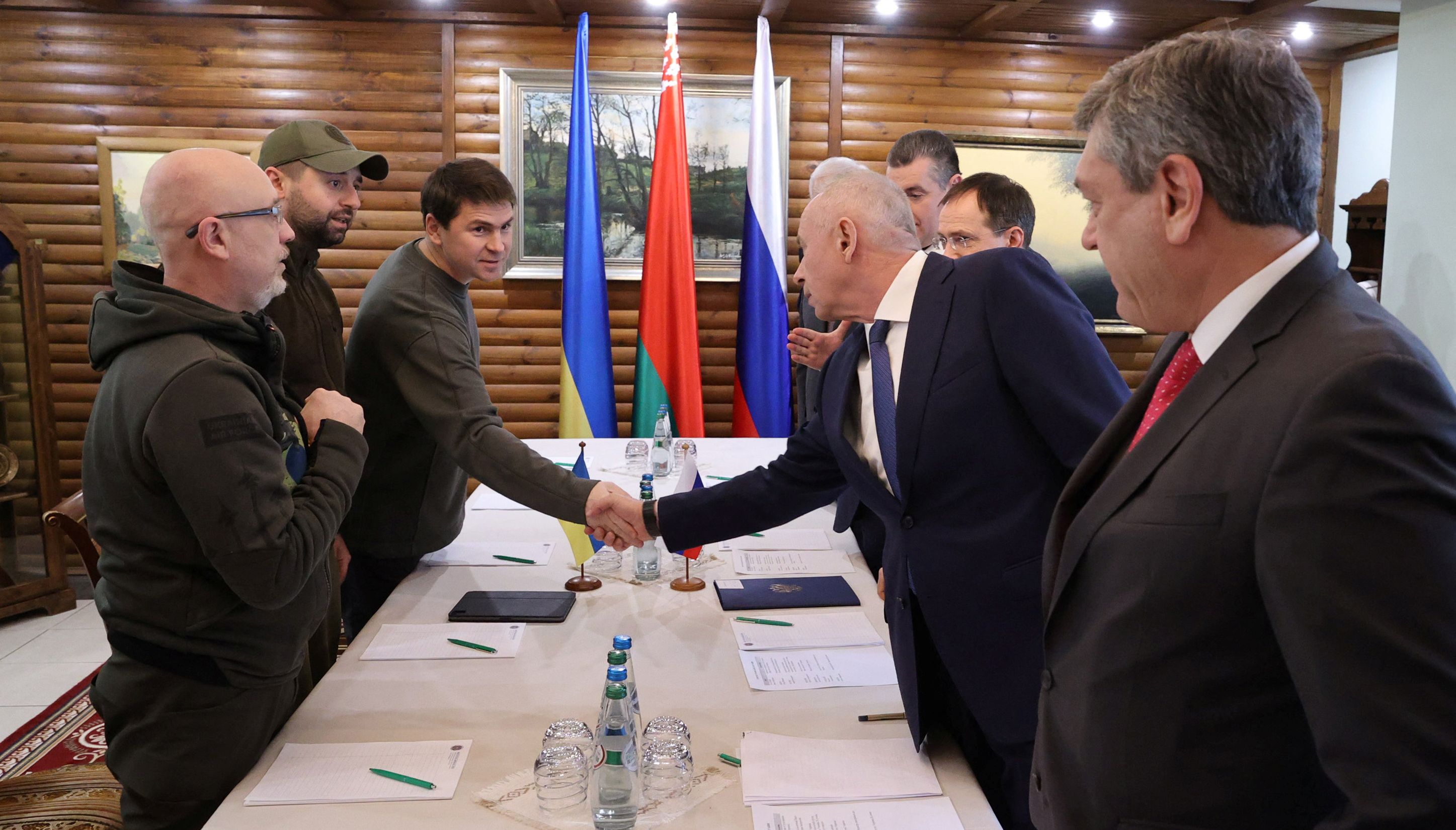 Russian and Ukrainian officials take part in the talks in the Brest region, Belarus on Thursday March 3, 2022